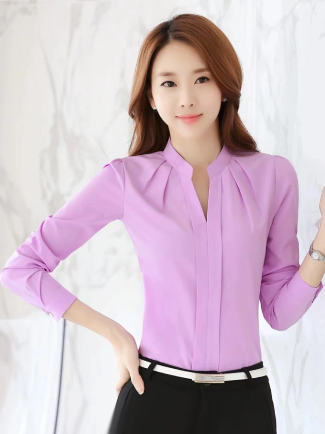 Celebrity Same Style Chiffon Blouse Han Fan V-Collar Blouse Small Fresh Stand Collar Loose Long-Sleeved Shirt