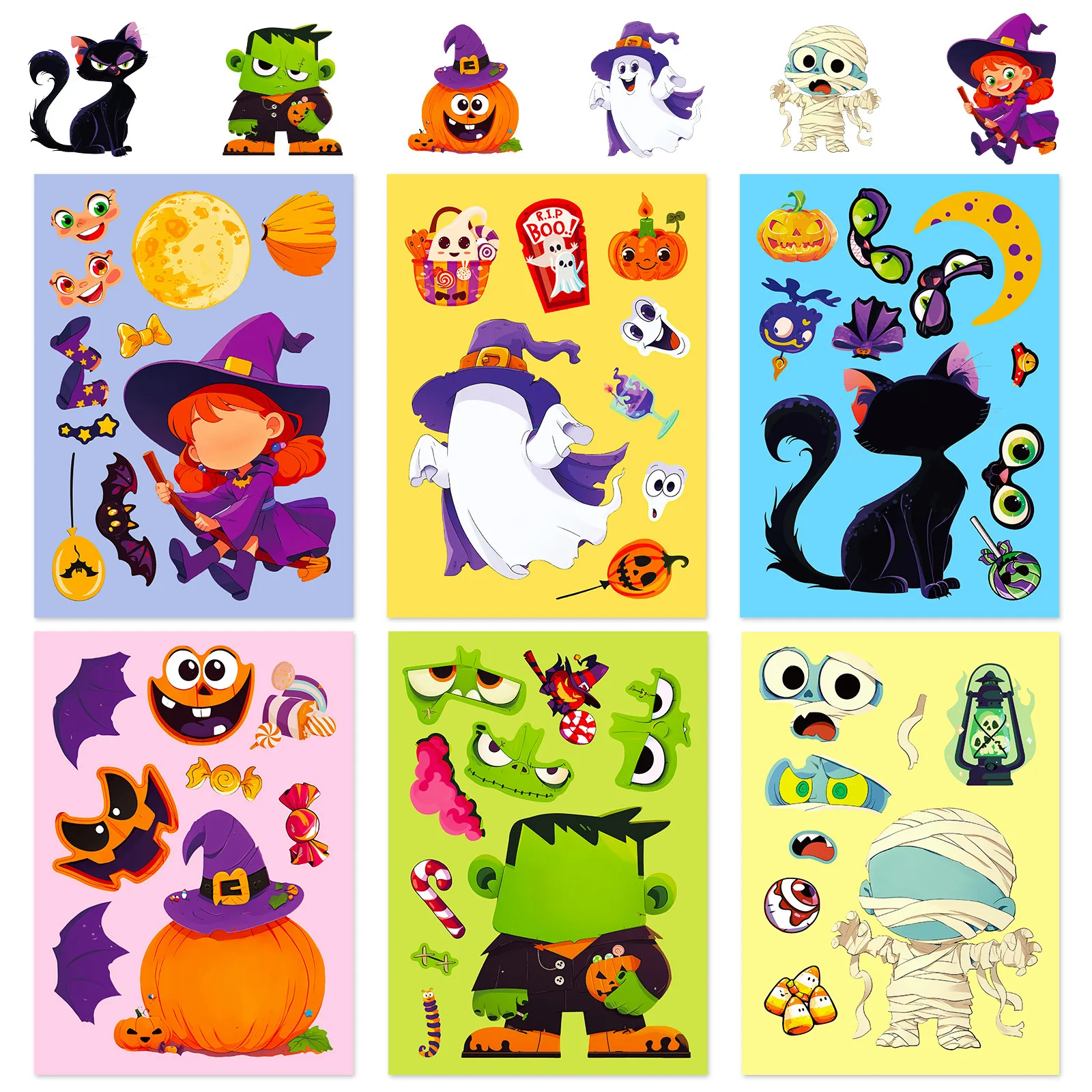 6Sheets Halloween DIY Puzzle Sticker Games 6 Ghost Pumpkin Make A Face Funny Assemble Jigsaw Stickers Kids Educational Toys