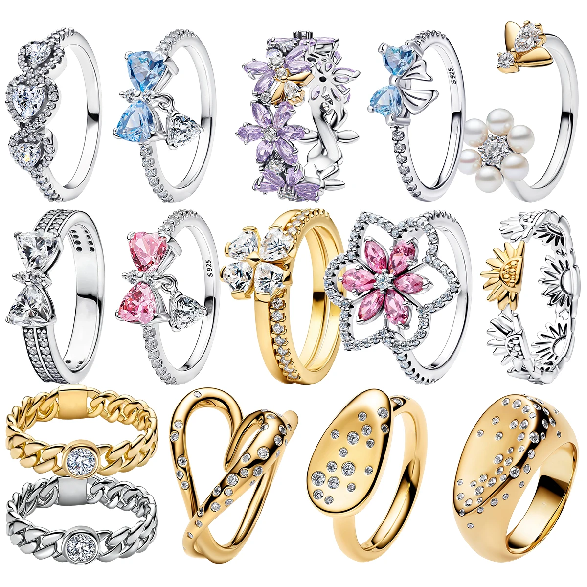 925 Silver Golden Luxury Plated Sparkling Gem Heart Ring Romantic Floral Minimalist Glam Paved Open Band Pearl DIY Fine Jewelry