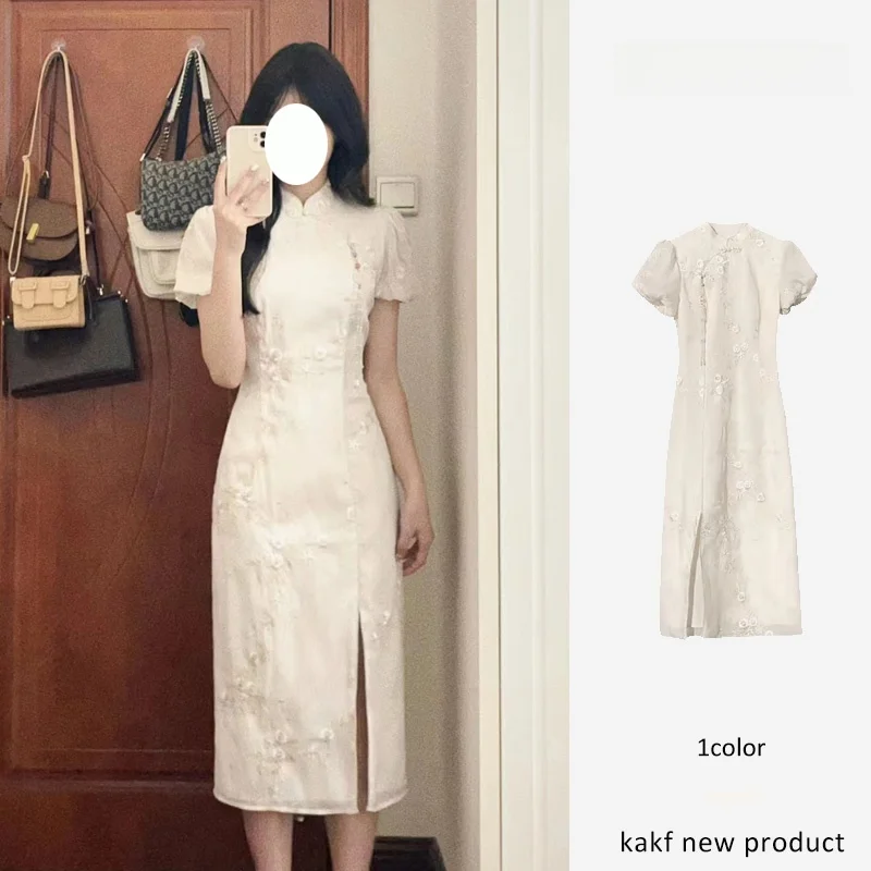 Nieuwe Chinese Sle Geborduurde Rok Bubble Sve Dames Dr Zomerseizoen Mid Taille Split A-lijn Dr
