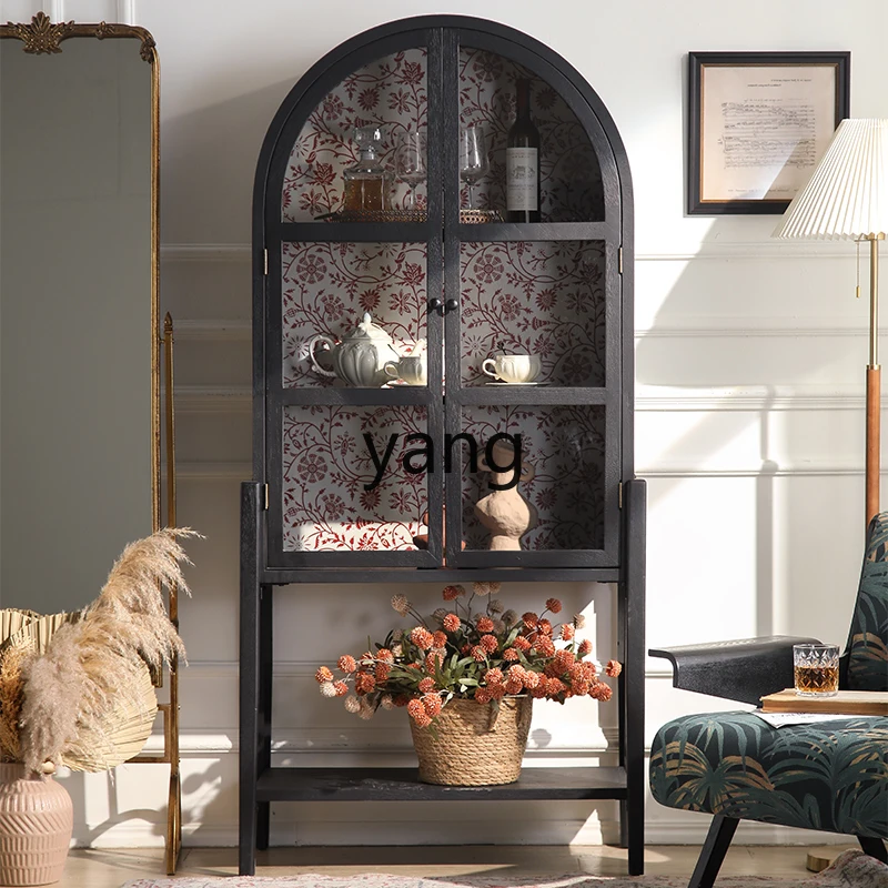 XYY black side cabinet bookcase solid wood retro glass door painted arched cabinet