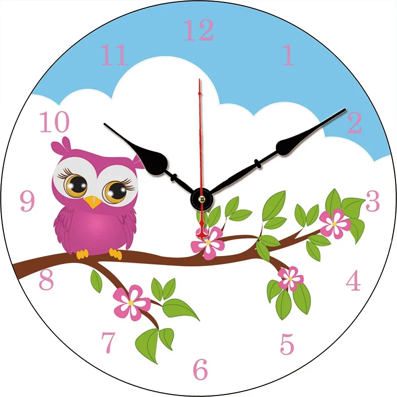 Cartoon Owl Tree Trunk Flower Wall Clock Round Silent Clocks Wall Carfts Decor For Home Bedroom Living Room Office Decoration