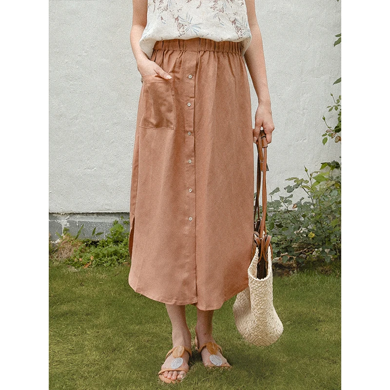 Cotton Linen Long Skirts For Women Solid Elastic High Waist Button Up Open Side Harajuku Maxi Skirt Faldas Largas Mujer