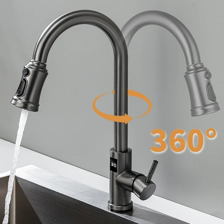 Whtie Digital Touch on Kitchen Sink Faucet Handfree Sensor Touch on Kitchen Faucets Hot Cold Digital Pull Out Kitchen Mixer Tap