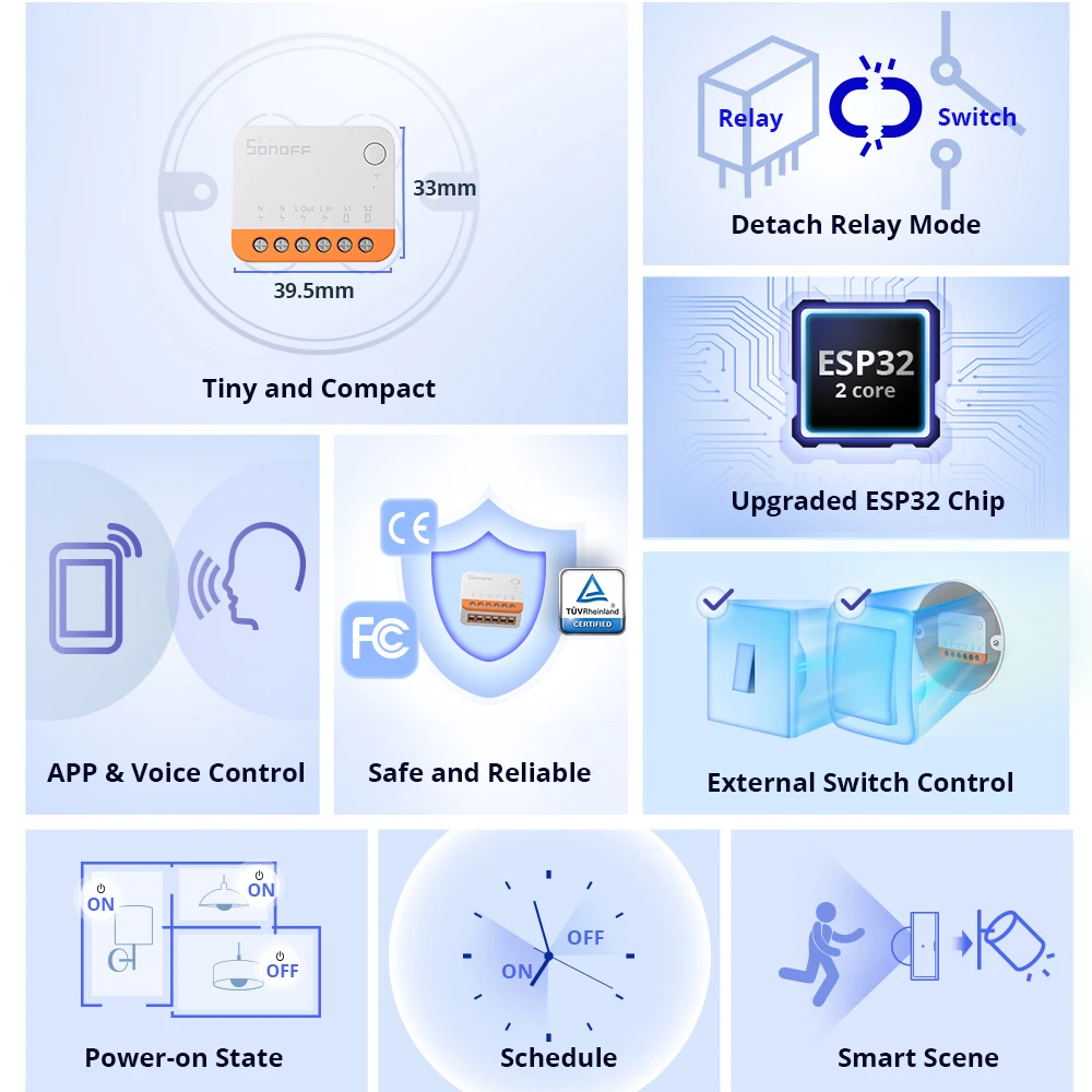 SONOFF MINI R4 Wifi Switch Module Smart Wi-Fi 2 Way Relay Timer ESP32 Smart Home Wireless Voice Control Alexa Google Home Alice