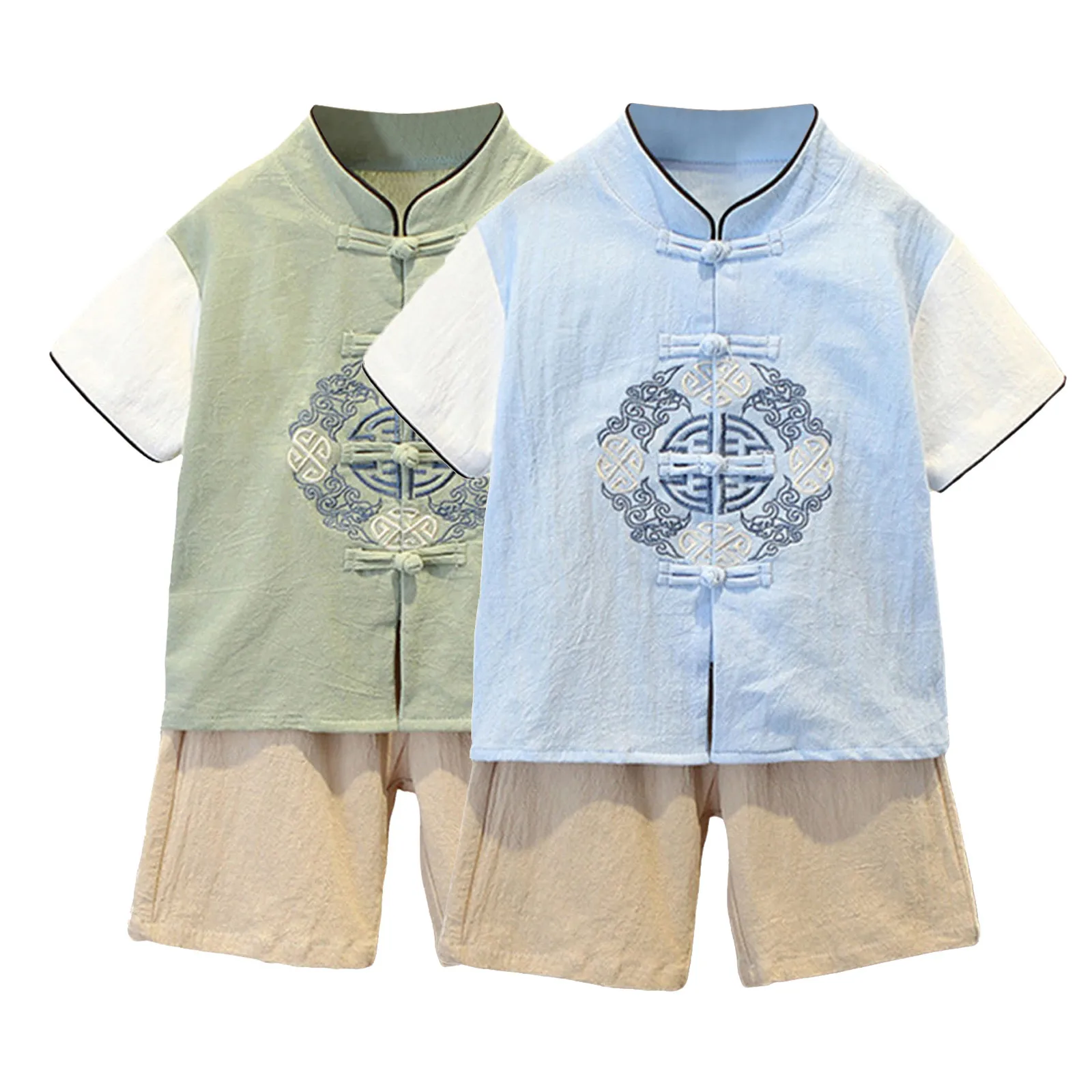 Children Tang Suit Summer Clothes Sets Short-Sleeve Boys Comfortable Kid Hanfu Embroidery Tops Shorts Retro Chinese Clothes 0-7Y