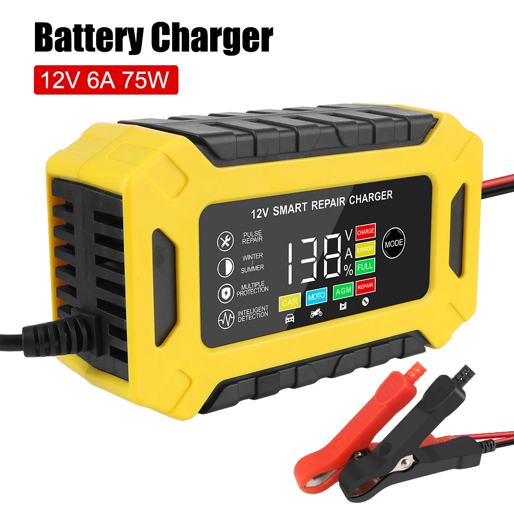 75W Storage Cell Chargers Digital Display Intelligent Pulse Repair For Gel Lead-acid Maintance Truck Car Battery Charger 12V 6A
