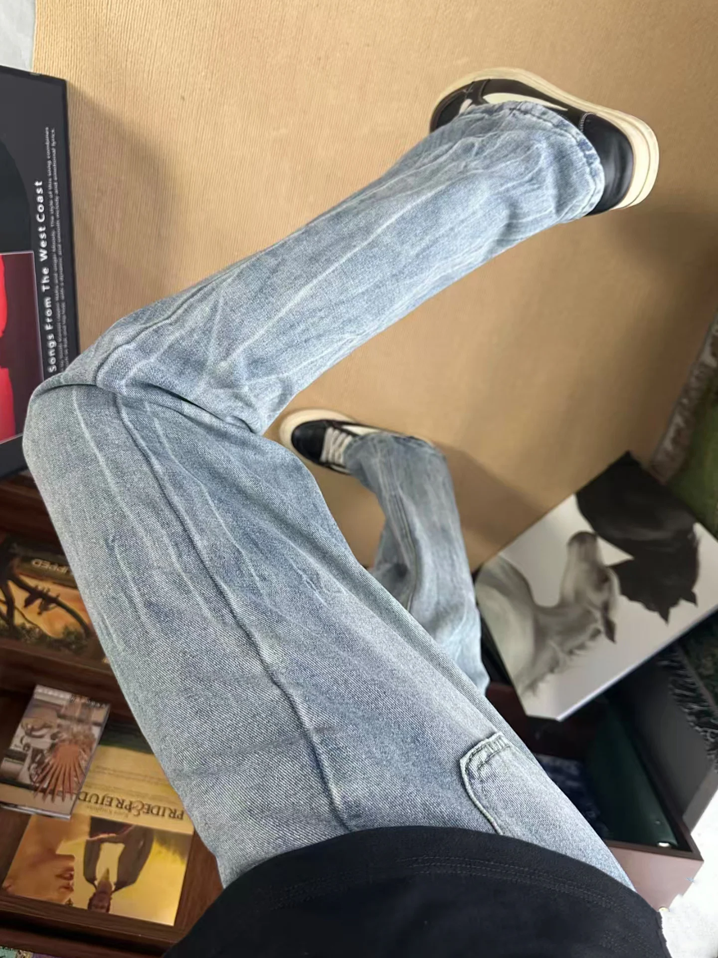 

Светло-голубые мужские джинсы прямого кроя Slim Fit в американском стиле High Street Cleanfit с микро-клешем, повседневные, для путешествий и ежедневных поездок на работу