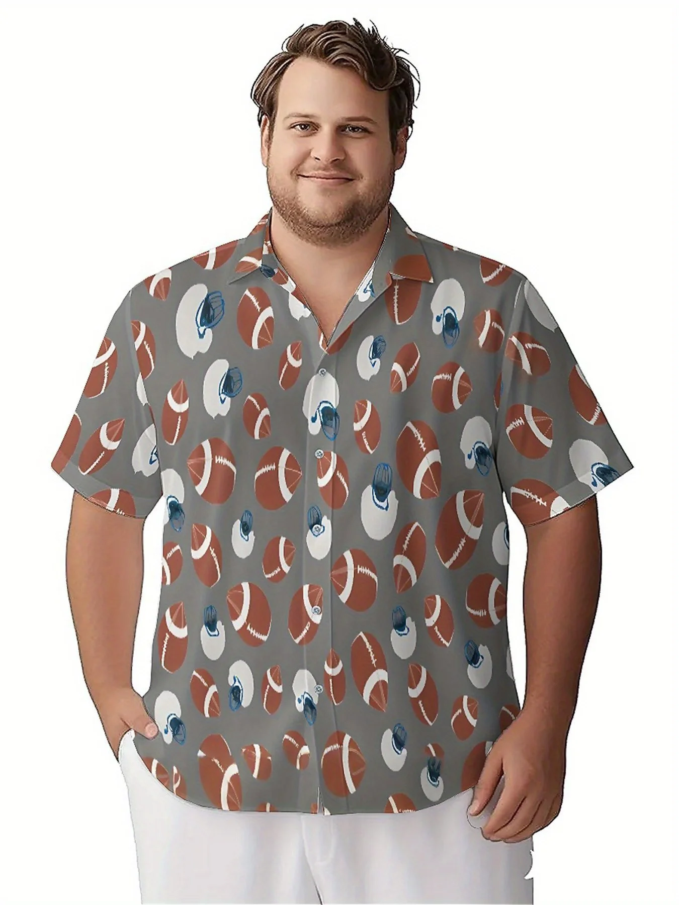 เสื้อฮาวายขนาดบวกของผู้ชาย ลายฟุตบอล เสื้อลําลองฤดูร้อน เหมาะสําหรับกลางแจ้งและงานปาร์ตี้ สตรีทแวร์