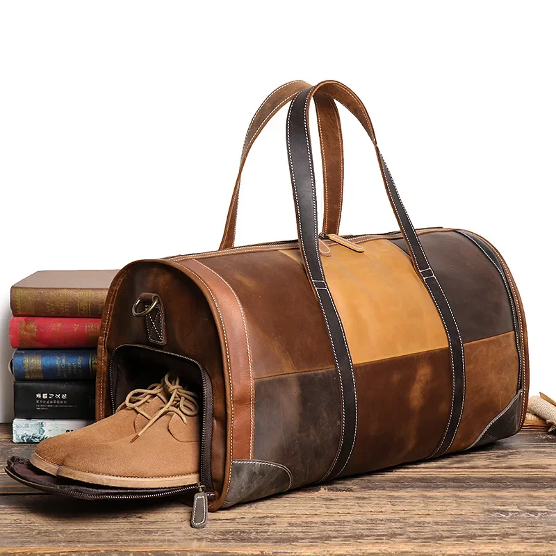 Men Women Leather Travel Bag for Women Men Soft Cowskin Duffle Bags Leather Hand Luggage Travel Shoulder Bags Weekender Bag