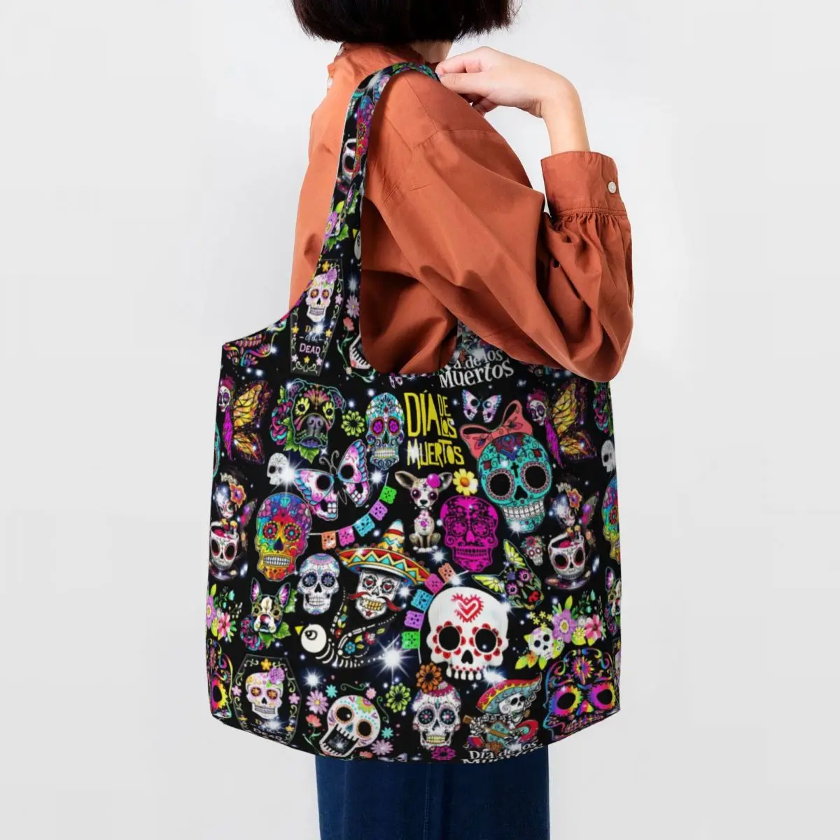 

Mexican Day Of The Dead Sugar Skull Grocery Tote Shopping Bags Women Halloween Canvas Shopper Shoulder Bag Big Capacity Handbag