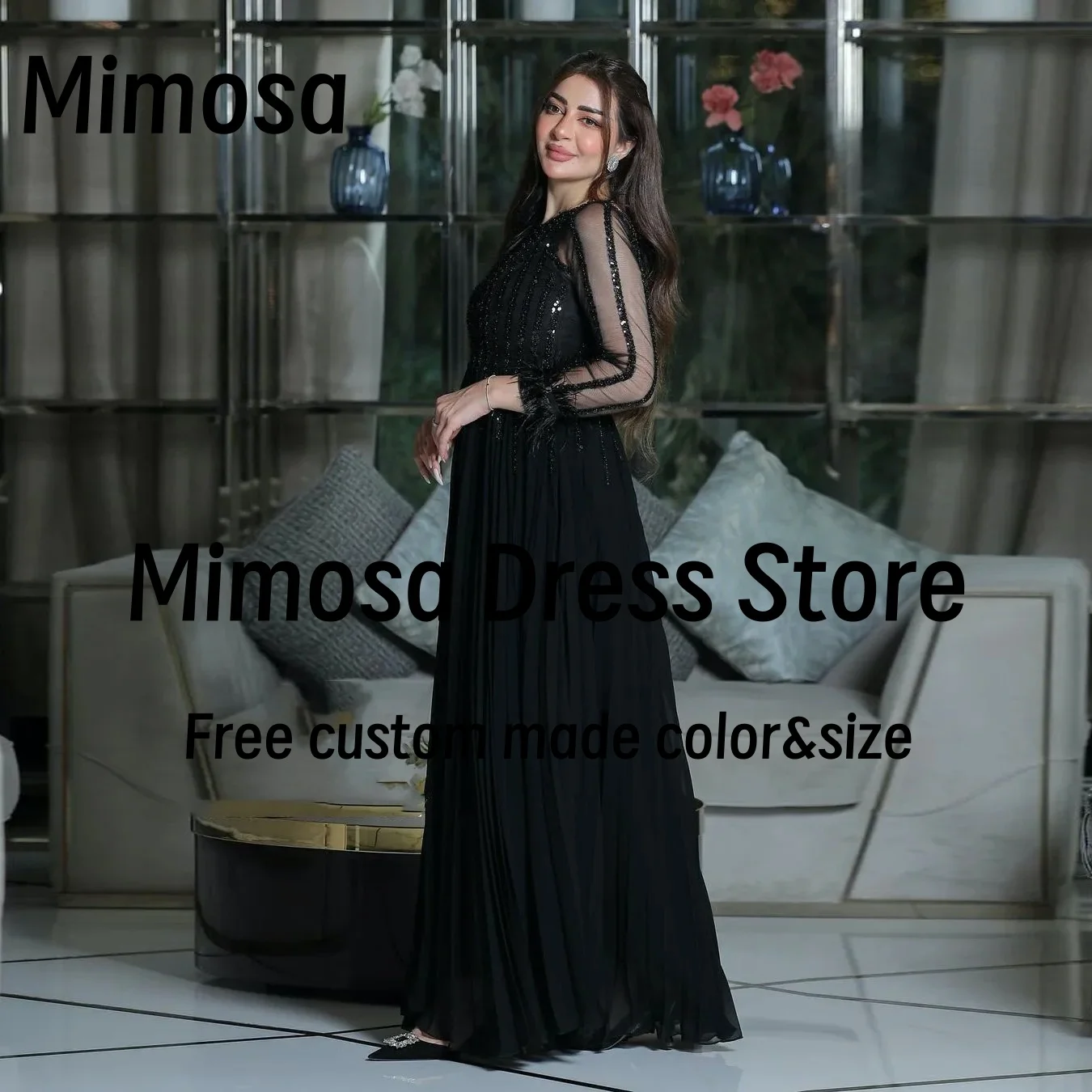 Mimosa Vestidos Prom Dresses Sequins Stripes Feathers Long Sleeves Evening Gowns Ruched Chiffon Formal Occasion Dress Customized