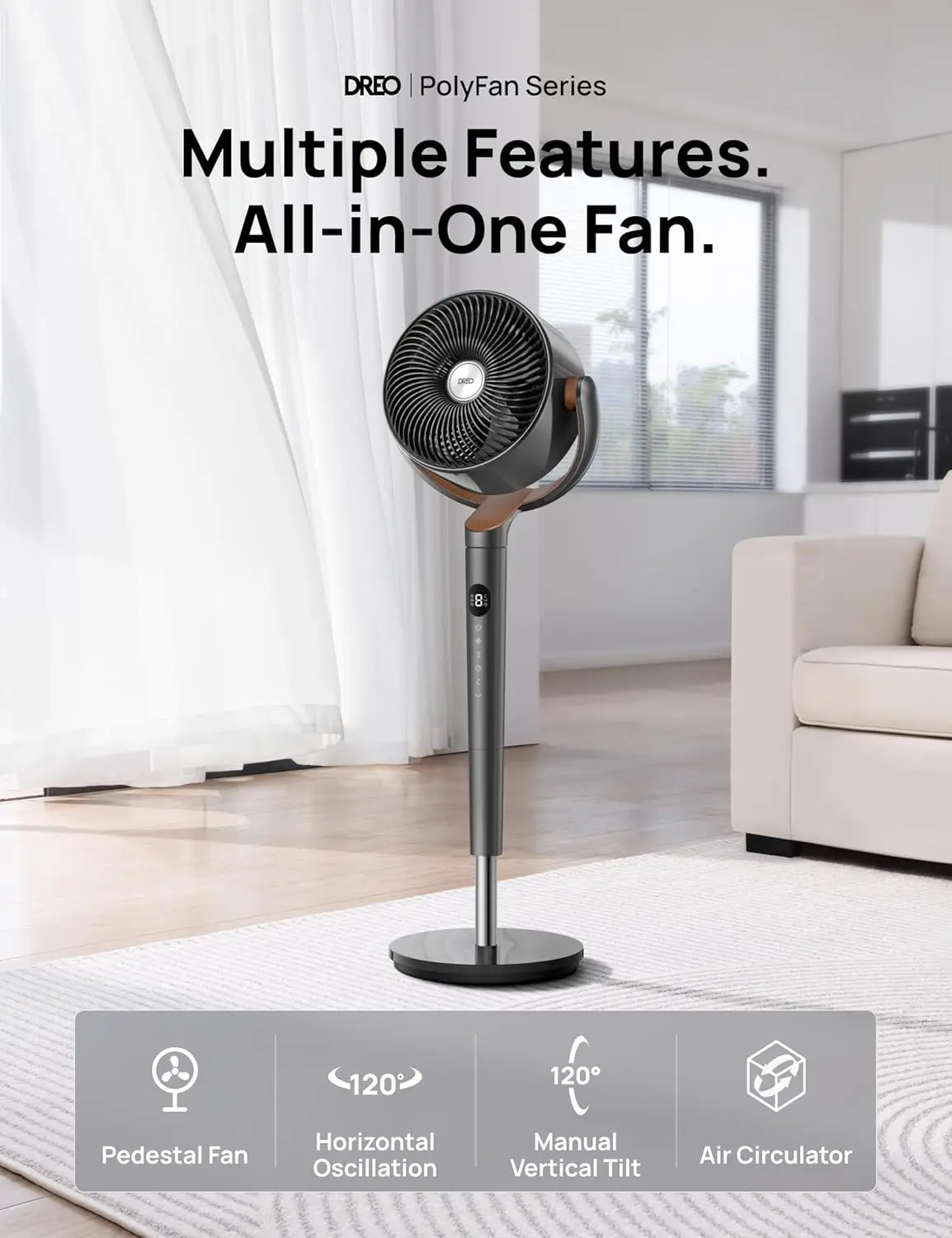 Fan for Bedroom, 120° Oscillating Standing Fan, Quiet Floor Fan with DC Motor, 82ft Pedestal Fan