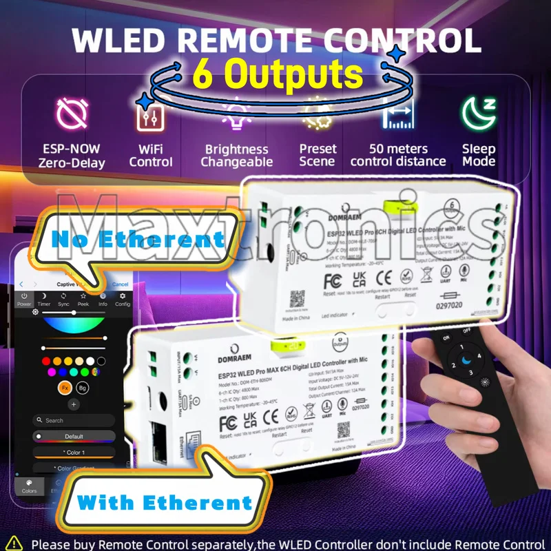 ESP32 6 Outputs Digital WLED Controller Pro & Pro MAX WiFi Ethernet UART Sound Reactive Light DOMRAEM For WS2812 SK6812 Led Lamp
