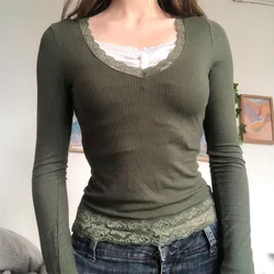 2000s y2k Long sleeve Lace Patchwork Crop Tops Fairy Vintage Solid Slim Fit T Shirts Women's Outfits Aesthetic Streetwear Autumn