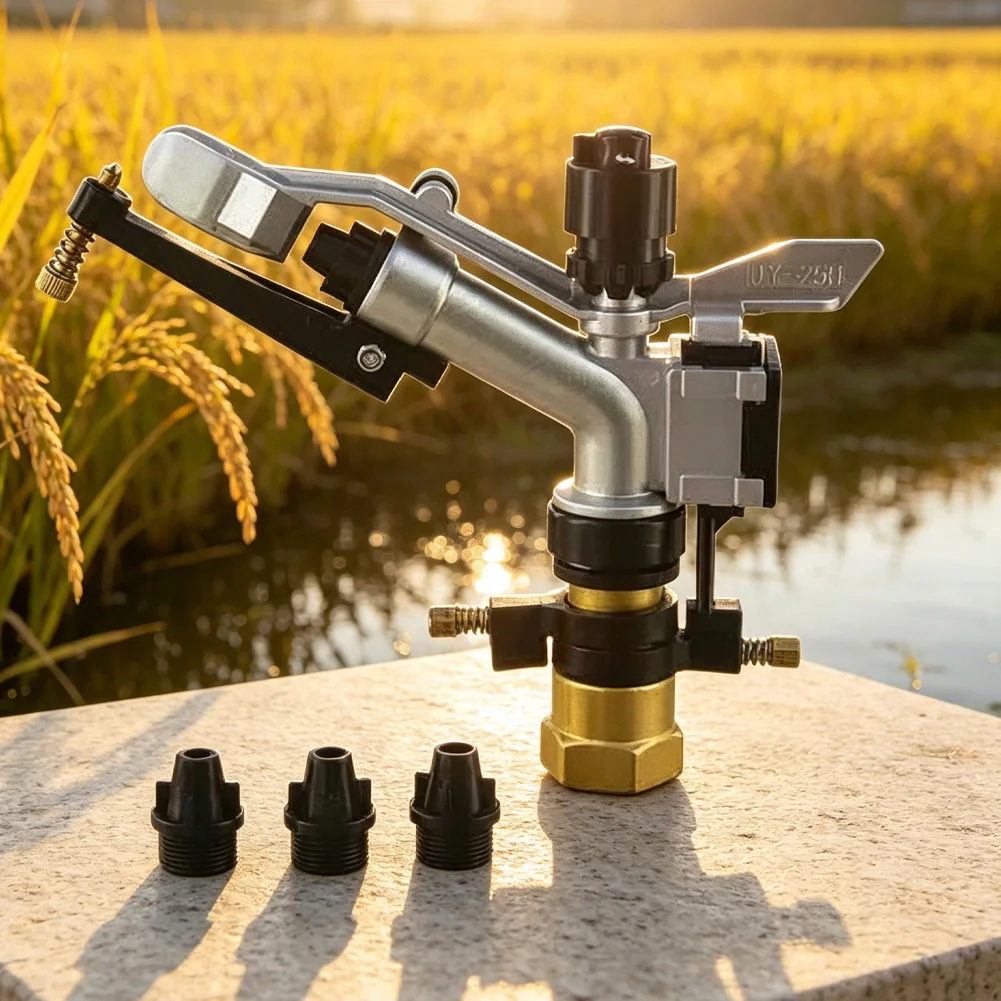 Rotating irrigation sprinkler with 1-inch inlet 6mm/8mm/9mm nozzles and adjustable spray pattern for field use