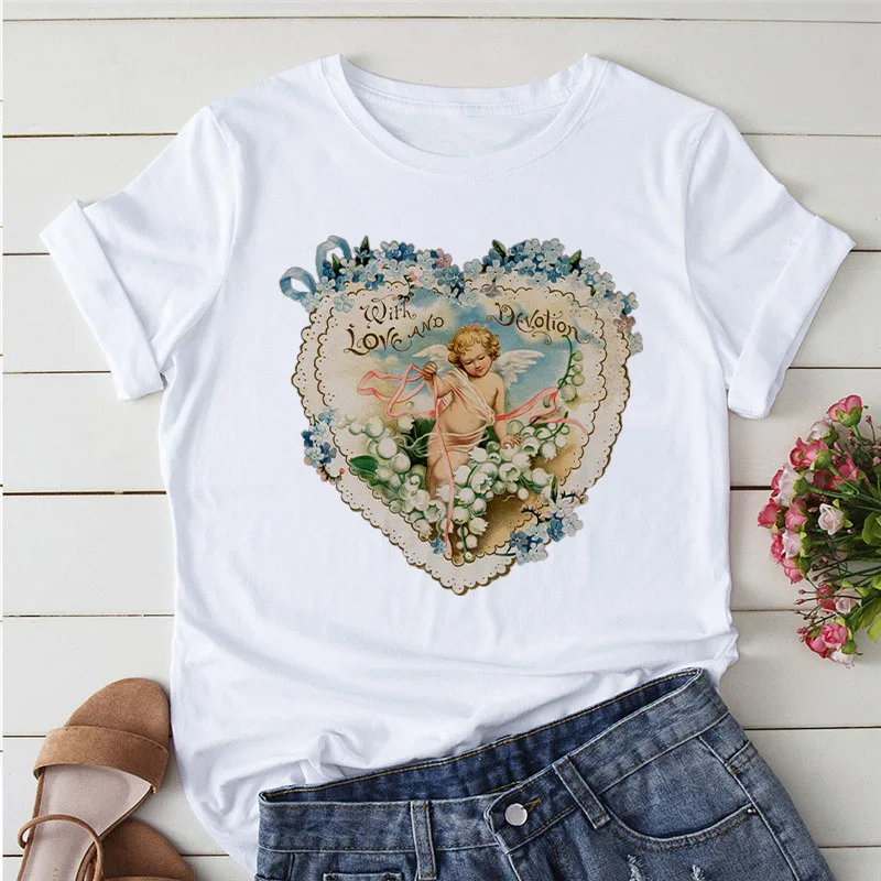 Fashion Women T Shirt Cupid Love Print Casual 90s Summer Clothes Ladies Tee shirt Short sleeve Black Kawaii Female TShirt Tops