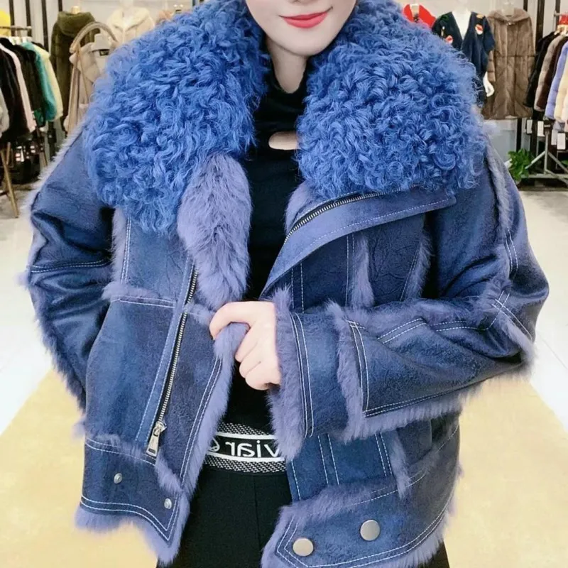 Fur Coat for Women Winter Jacket Lambswool Faux Sheepskin Coat Loose Warm Thicken Locomotive Female Black Pu Outwear