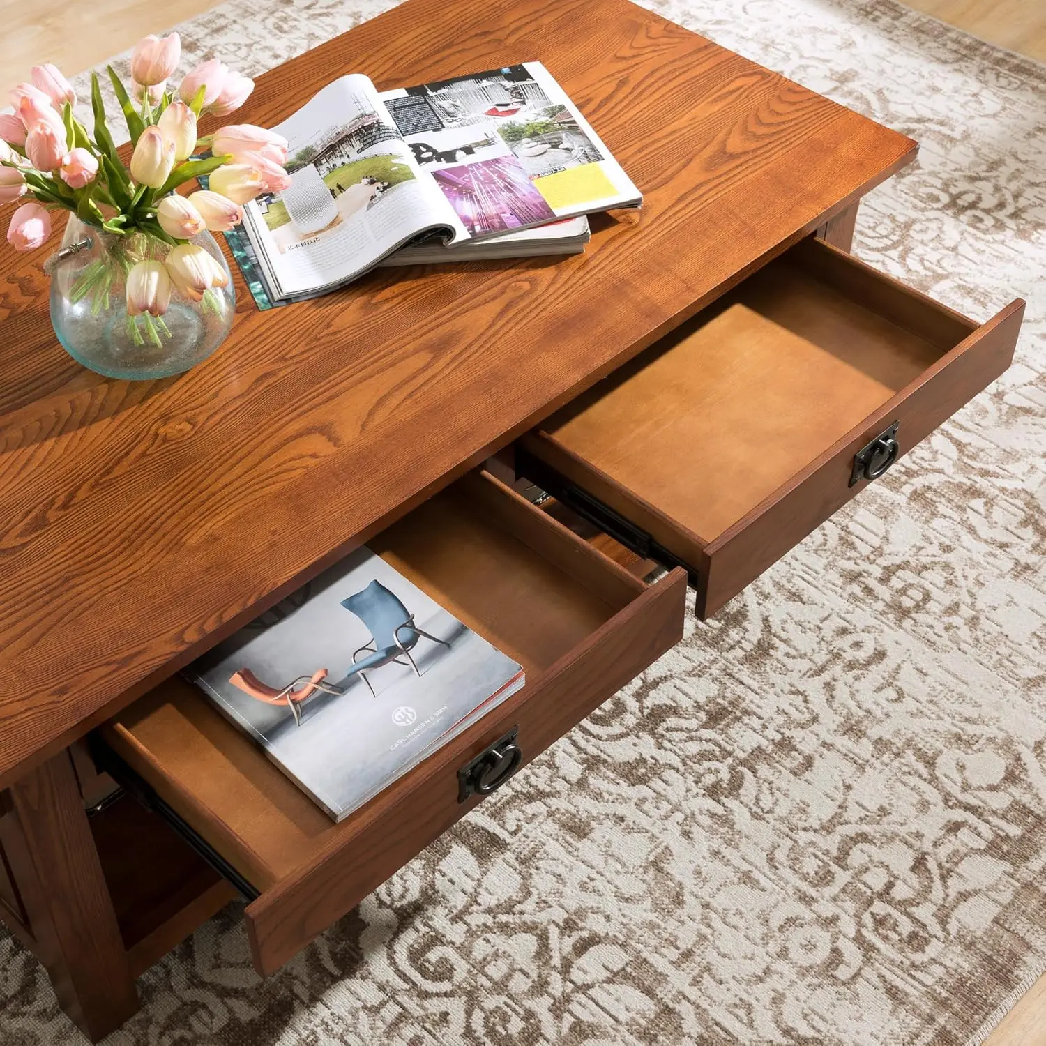 Two Drawers and Shelf, Made with Solid Wood, Medium Oak Finish