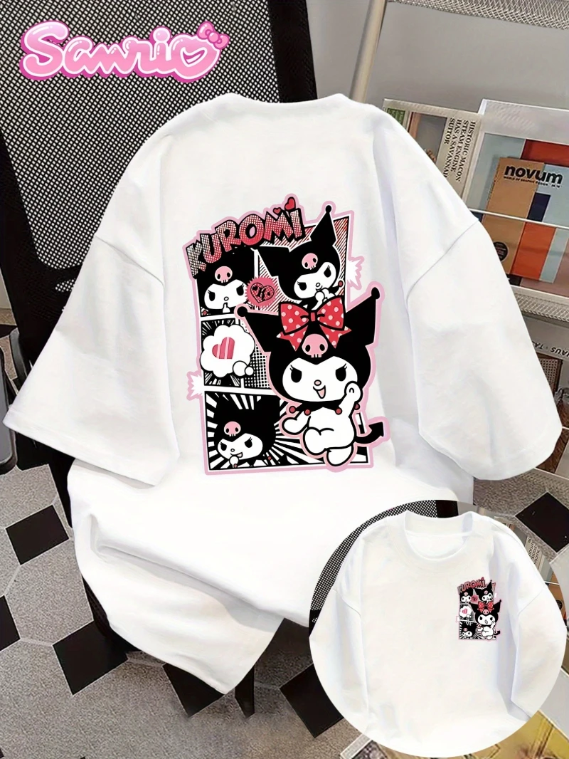 

Sanrio Cute Kuromi Pattern T-shirt Casual Round Neck Men's and Women's Summer Cotton Comfortable Fashion Short Sleeve Top