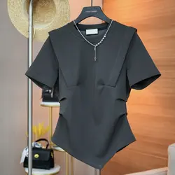 Black irregular round neck T-shirt female summer 2024 new Korean slim design fashion temperament short-sleeved shirt