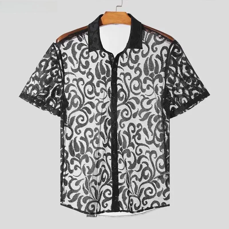 Men's 2024 Shirt Lace Lapel Short Sve Transparent Summer  Collar Fleece Lined Thickened Nine-Quarter Sleeve Denim Shirt