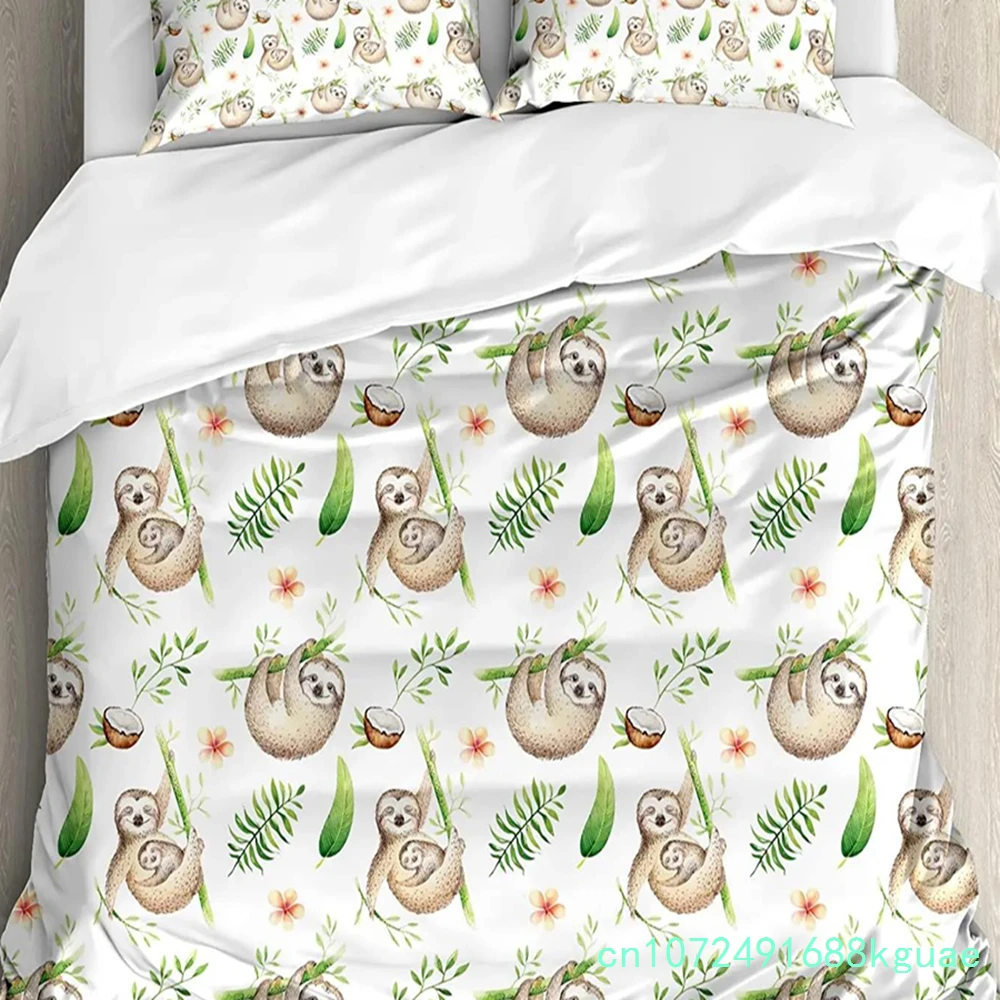Sloth Bedding Set For Bedroom Bed Home Cartoon Mammal On Tropical Jungle With Green Banana Duvet Cover Quilt Cover Pillowcase 4