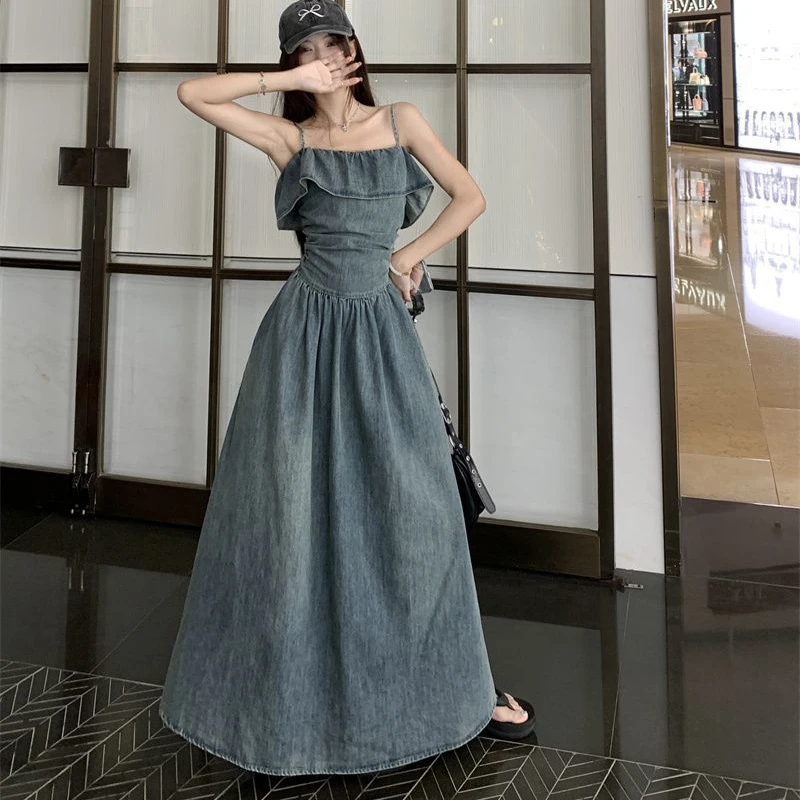 Vintage Ruffle Camis Dress Donna Dolce Casual Ruffle Denim Dress Y2K Summer Chic Night Party Jeans Abiti Mujer Nuovo
