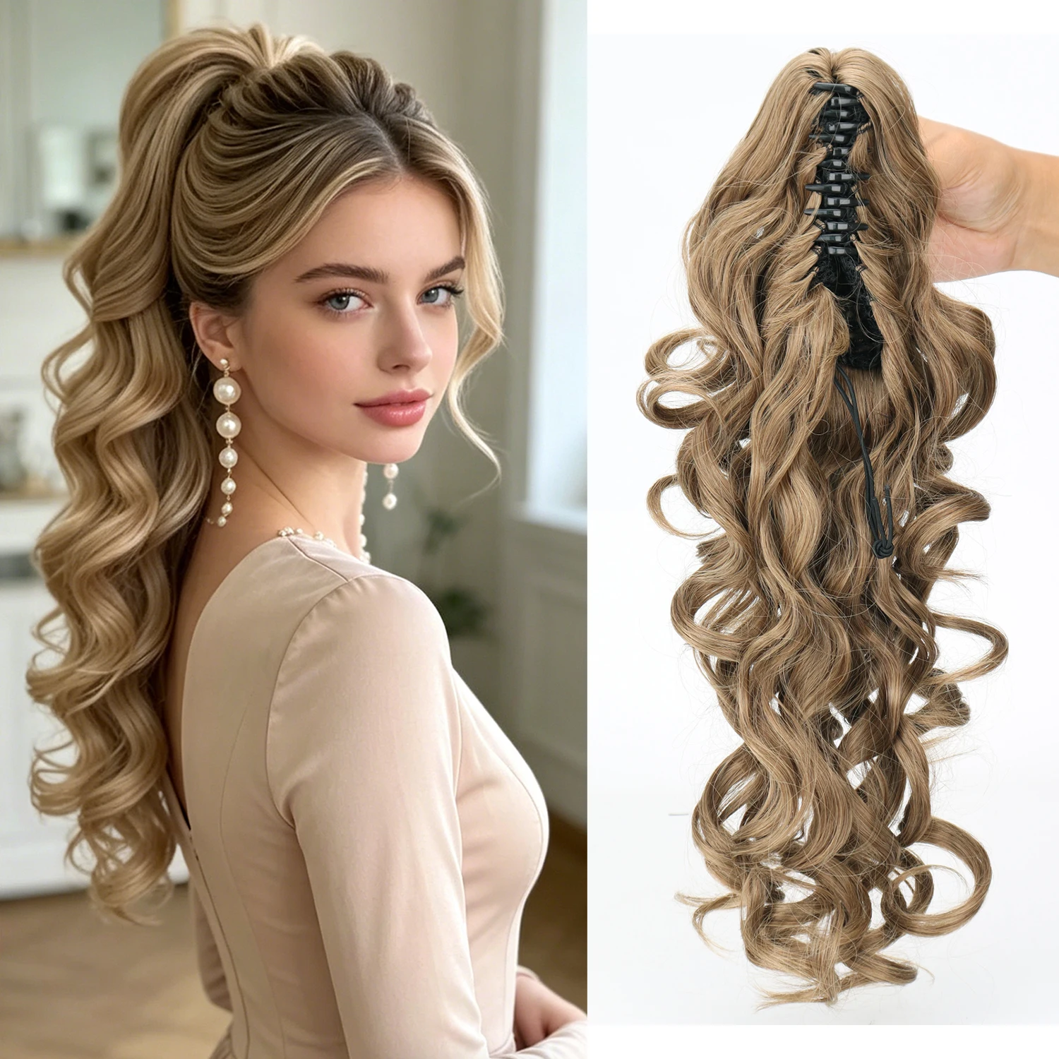 

Synthetic 16Inch Long Wavy Claw Clip Ponytail Black Blonde Fluffy Ponytail Hair Extensions For Women Daily Party