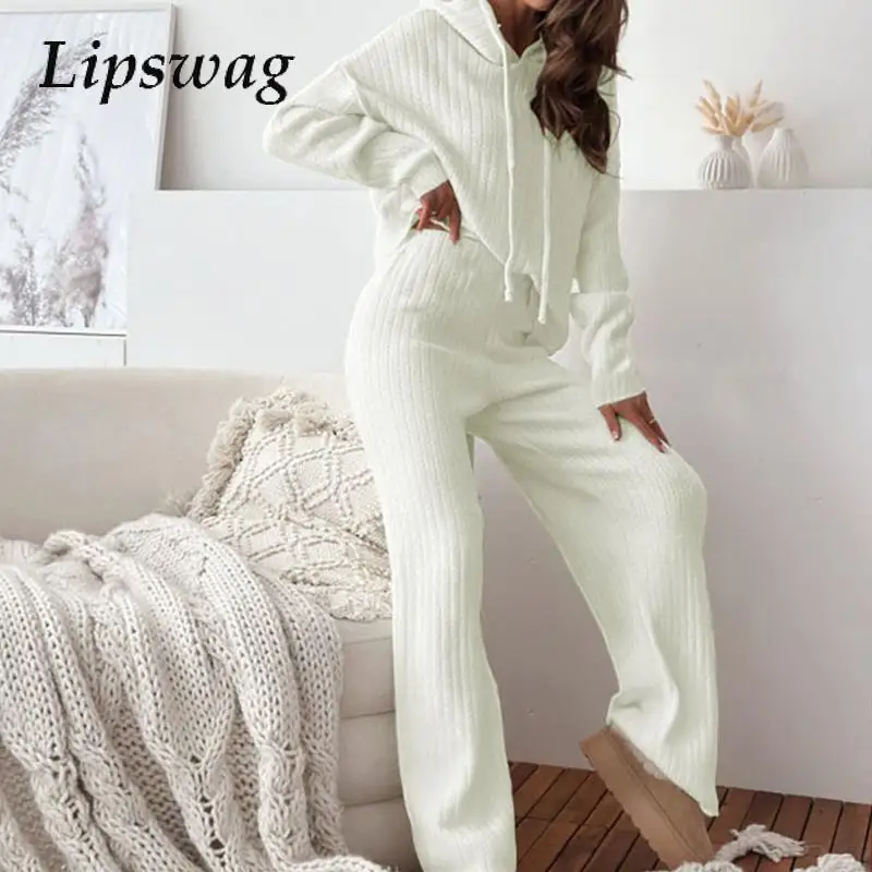 Elegant Slim 2pc Sets Women Long Sleeve Drawstring Hoodies and High Waist Pants Suit 2024 Casual Long Sleeved Knitted Tracksuit