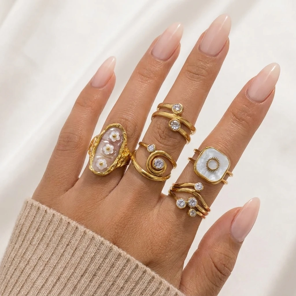 Vintage Cubic Zirconia Edelstahl Offene Ringe Set für Damen, Schicker MOP Geometrischer Ring, Party-Schmuck Geschenk, Anlaufgeschützt, Wasserdicht – Detail 3