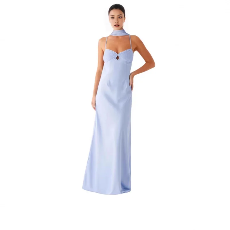 

Elegant Halter Neck Long Dress Women With Scarf Collar, Backless, Keyhole Design,, Formal Evening Gown