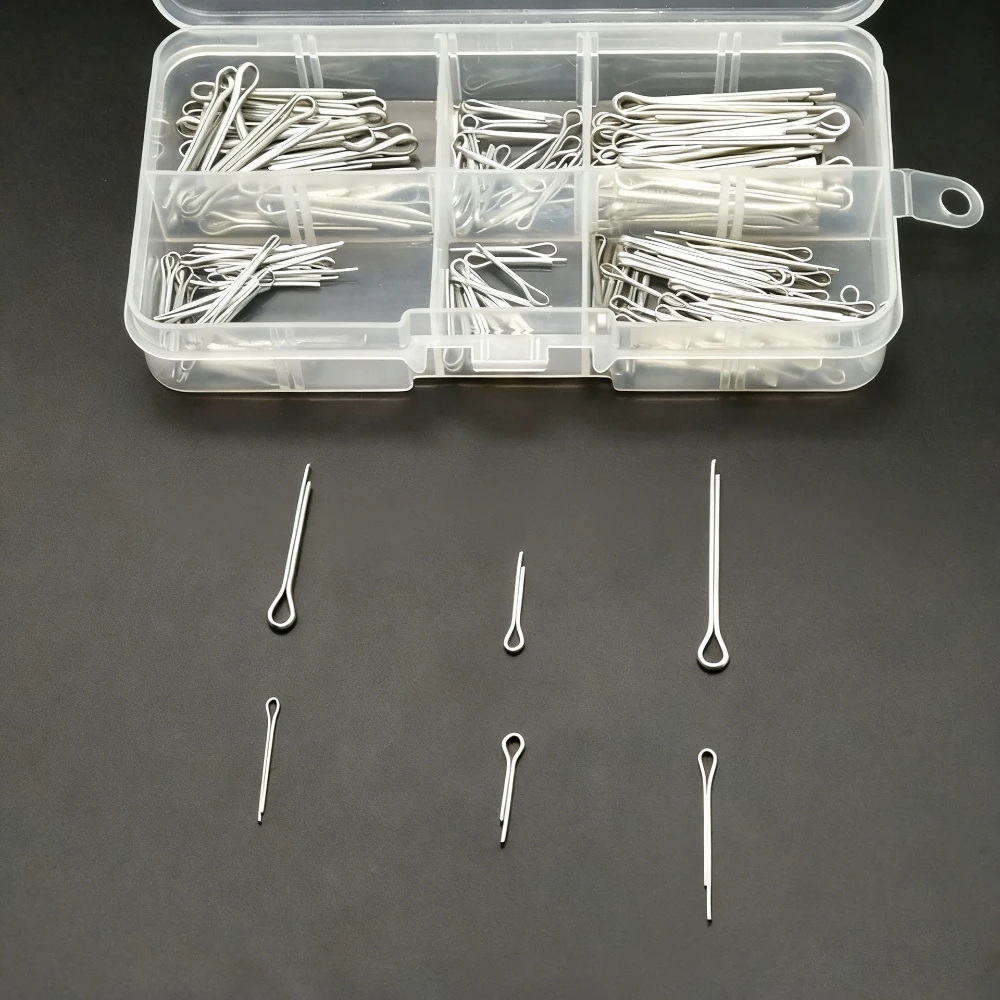 

Набор из 150 серебристых шплинтов (разъемных штифтов) из оцинкованной стали в жестком кейсе, включая шплинты из нержавеющей стали