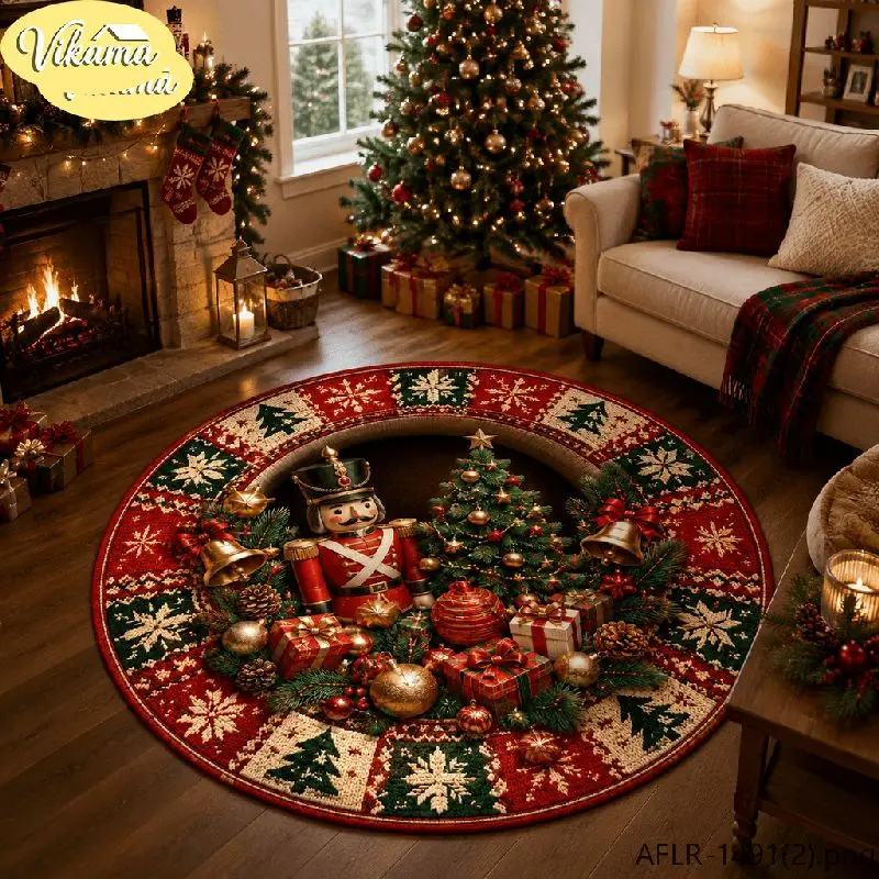 VIKAMA Christmas Round Rug Nutcracker Holding Gift Boxes Area Rug Living Room Holiday Home Decor Aesthetic Art Large Premium