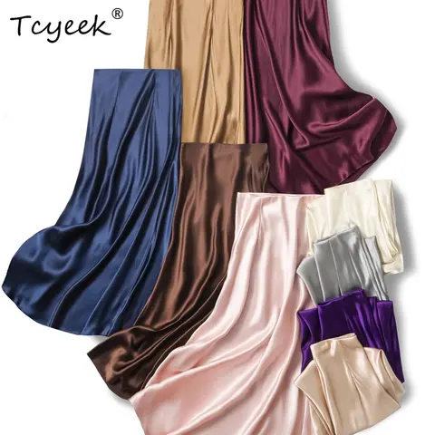 Tcyeek 100% Mulberry Silk High End Summer New A-line Solid Color Fish Tail Wrapped Buttocks Women's Skirt Юбка Женская スカート 스커트