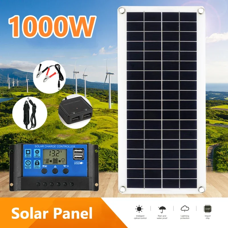 1000W Solar Panel 12V Solar Cells 30A 60A Controller Solar Panel for Phone RV Car MP3 PAD Charger Outdoor Battery Supply Camping