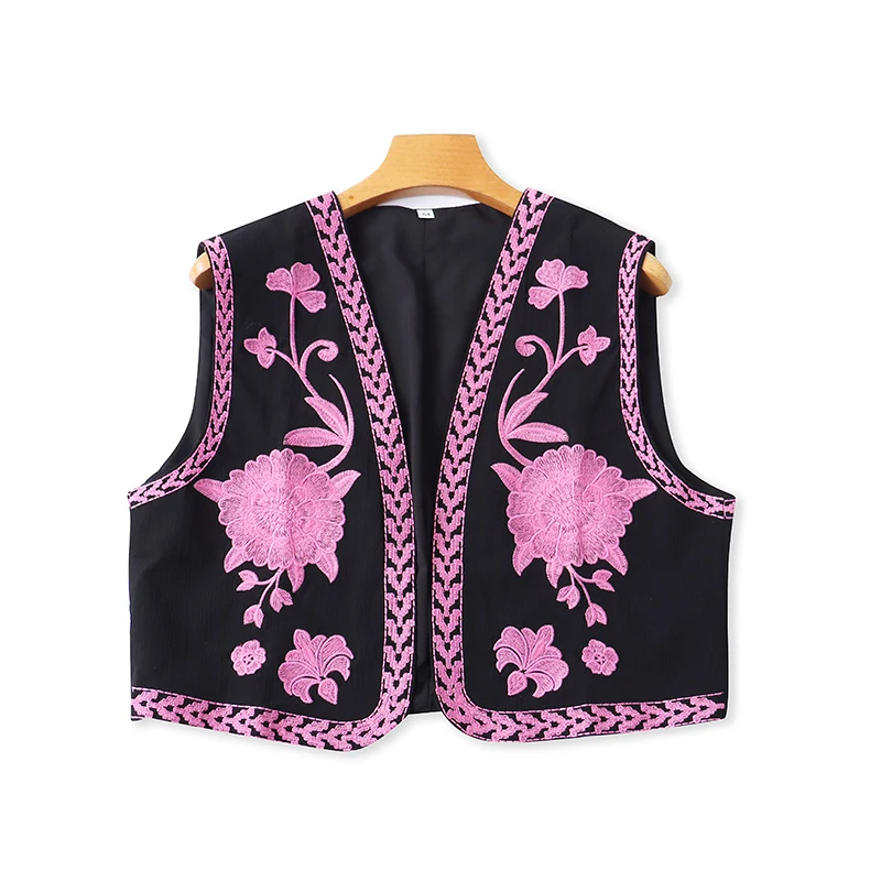 

Women's Vintage Contrast Color Floral Embroidery Svel Open Front Loose Slimming Ethnic Sle Vest Spring Summer