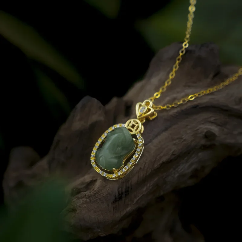 9999 Real Gold 24K Hetian Jade Micro-inlaid Pixiu Pendant Gold Version Lucky Green Chalcedony Necklace Women's Natural Jade