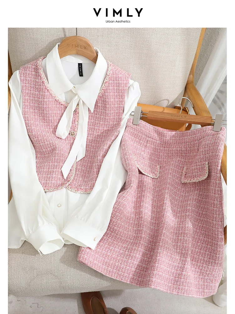 Vimly 3 Piece Tweed Sets Women\'s Outfits Autumn/Spring White Chiffon Ribbon Shirt Waistcoat Skirt Set Lady Matching Set M2808