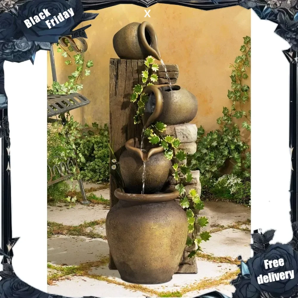 

Cascading Rustic Outdoor Floor Three Jugs Fountain and Waterfalls 33" High Decor for Garden Patio Backyard Deck Home Lawn Porch