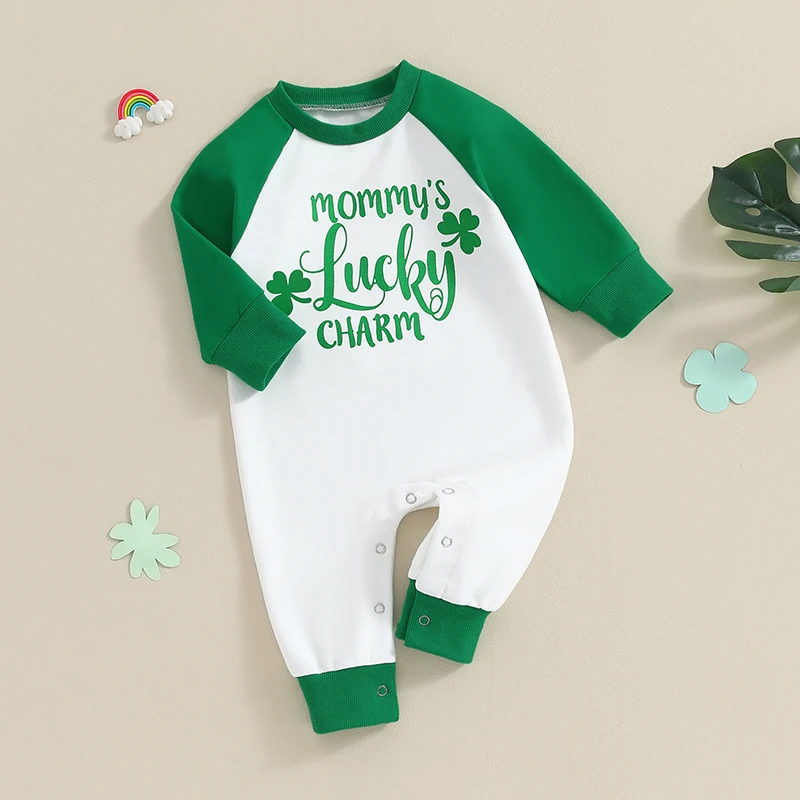 Infant Baby Irish Festivals Jumpsuit Shamrock&Letter Print Round Neck Long Sleeve Full Length Romper St. Patrick 's Day Outfit