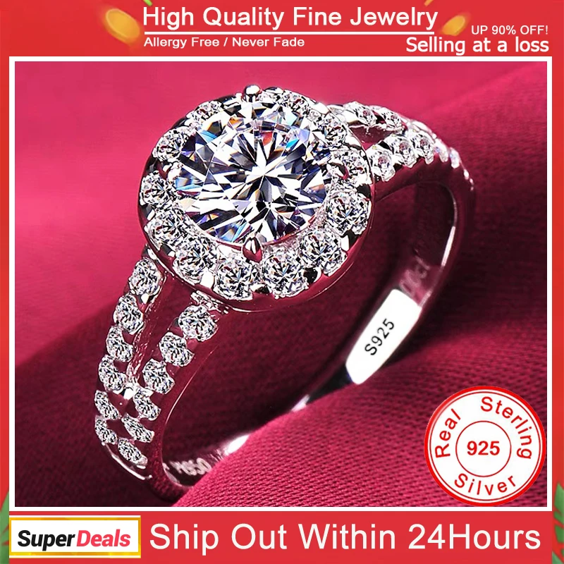 With Gift Box! 100% Certified 925 Sterling Silver Rings Sparkling Zirconia Diamant Wedding Band Rings for Women Fine Jewelry