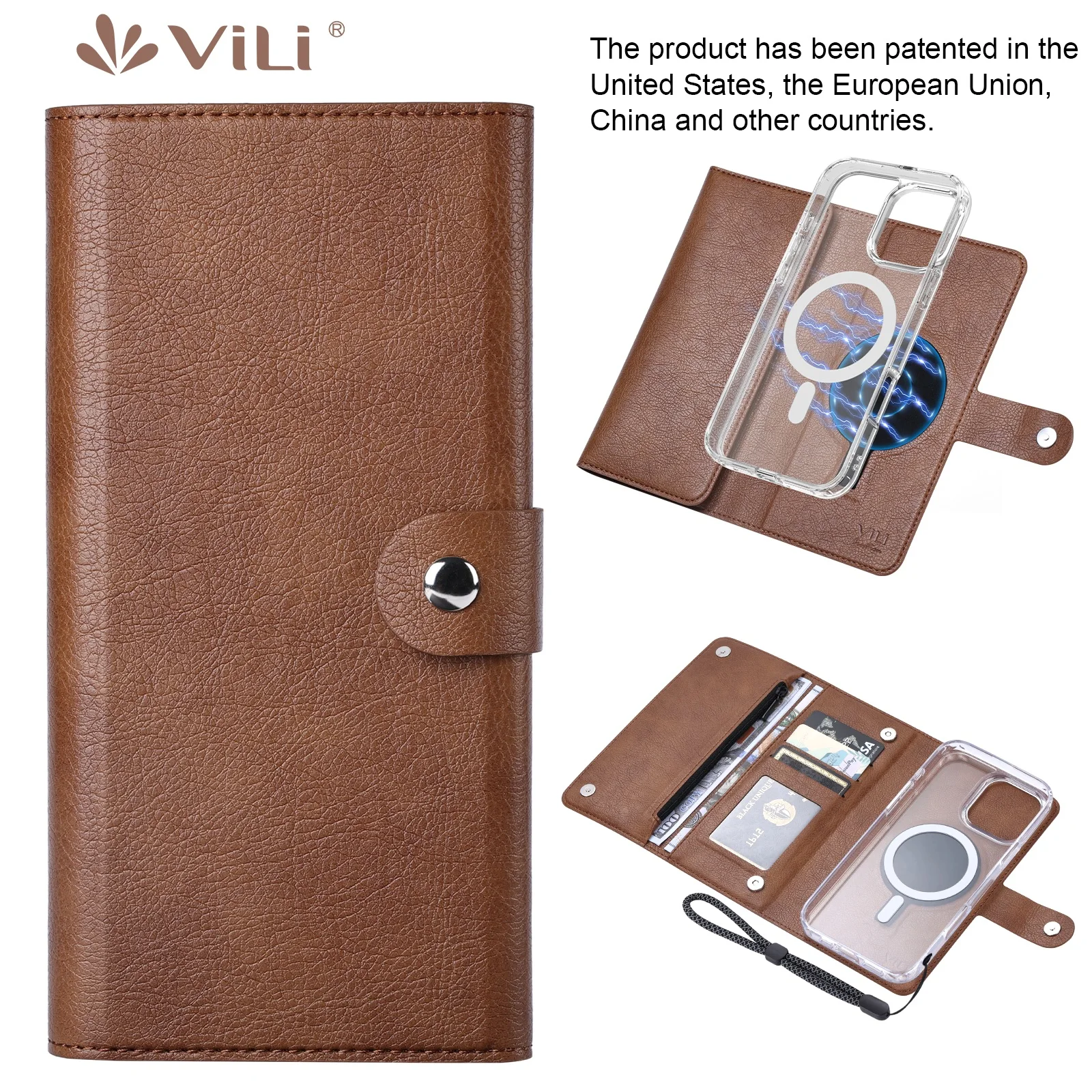 ViLi Removable Magnetic wallet (RFID Blocking) cardholder for iPhone16 15 14 Pro Max Plus Wireless Charging Clear MagSafe case