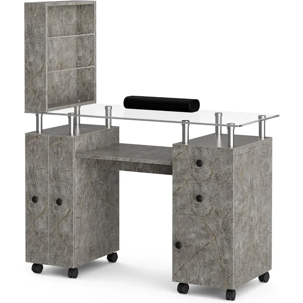 

Commercial Manicure Table Nail Desk for Nail Tech, Glass Top Nail Table Station Marbling Texture w/Storage Drawers &Open Shelves