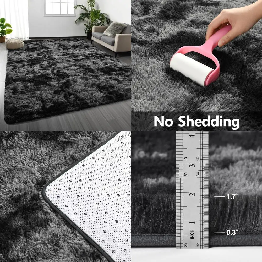 

6x9 Tie-Dyed Plush Shag Rugs for Living Room, Soft Fluffy Furry Carpets for Bedrooms, Kids' Rooms, Dark Grey