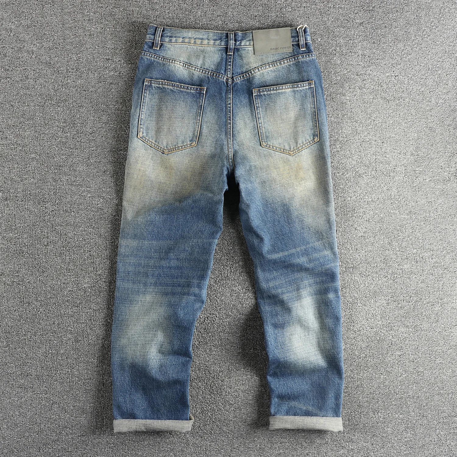 Heavy vintage blue water wash to do old worn patch cat beard men's jeans autumn winter loose straight youth pants