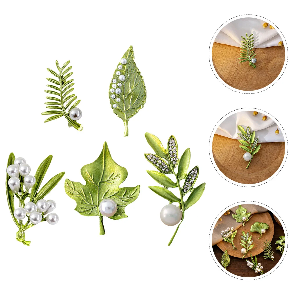 

5Pcs Plant Leaf Shape Brooch Pin Pearl Decor Exquisite Design Durable Fashion Accessories Pearl Brooch Leaf Pin