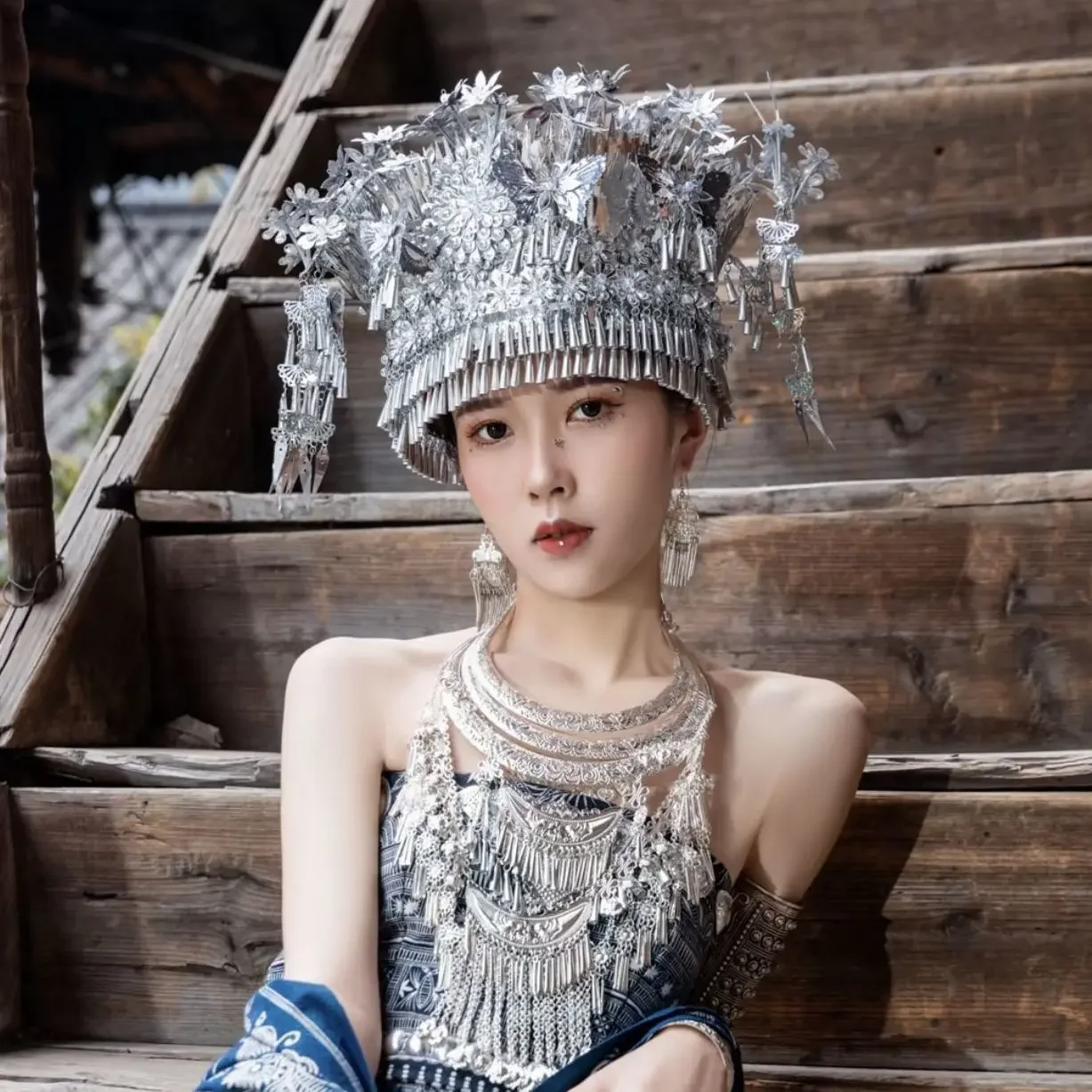 Minorit Miao Head Jewelry Head Props Guangxi Hat Alloy Metal Silver Color Headwear Large Head Jewelry Yunnan Headwear Jewelry