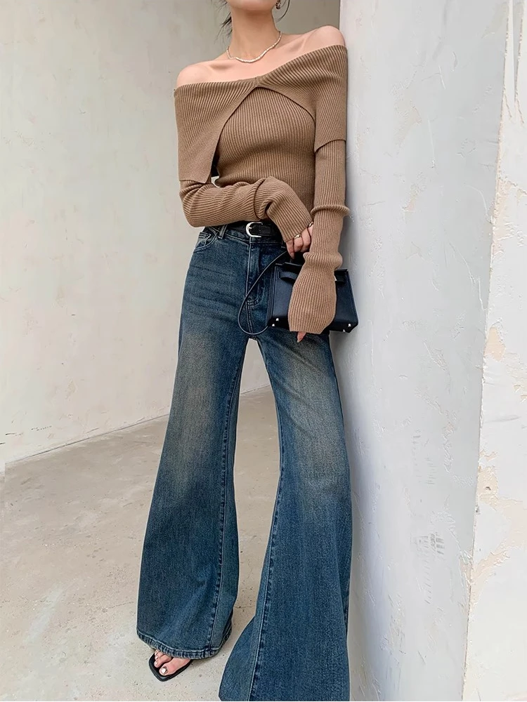 Deeptown Y2k Blue Flare Jeans for Woman Vintage Wide Leg Denim Pants Female Full Length Baggy Pantalones Vaqueros Mujer Spring