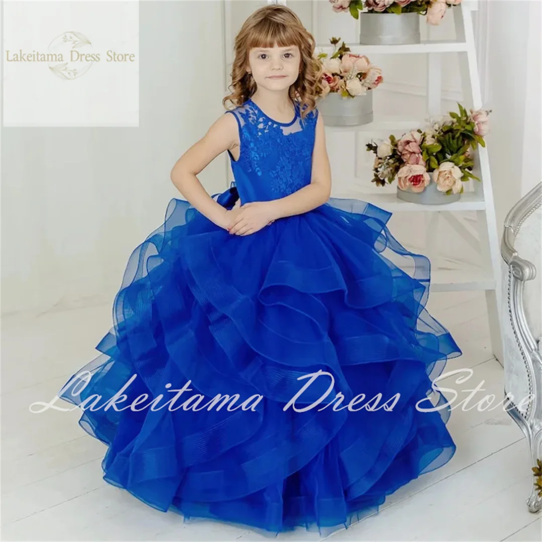 Royal Blue Flower Girl Dresses Tulle Tiered Appliques With Bow Sleeveless For Wedding Birthday Party First Communion Gowns